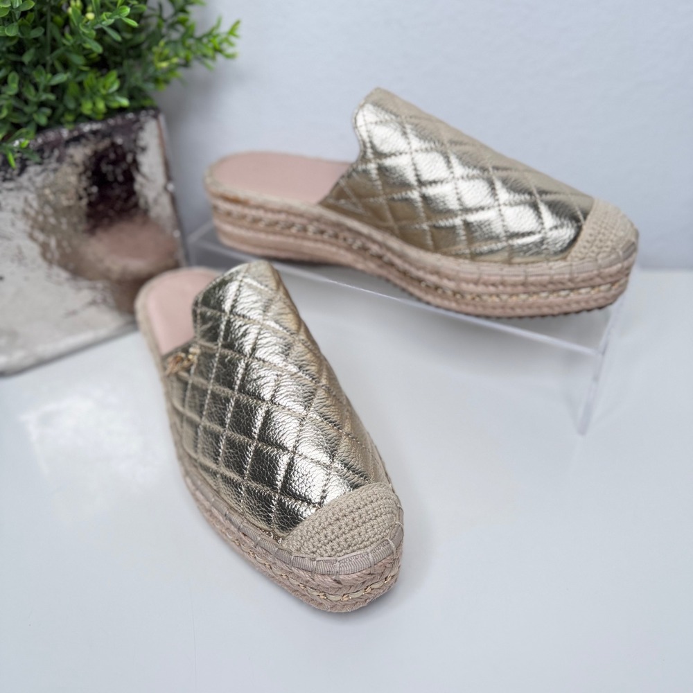 Karl Lagerfeld Debra‎ Espadrille Mules Womens Gold Quilted Chain Platform 8.5